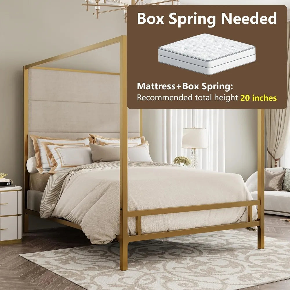 King Size Metal Canopy Bed Frame with Upholstered Headboard