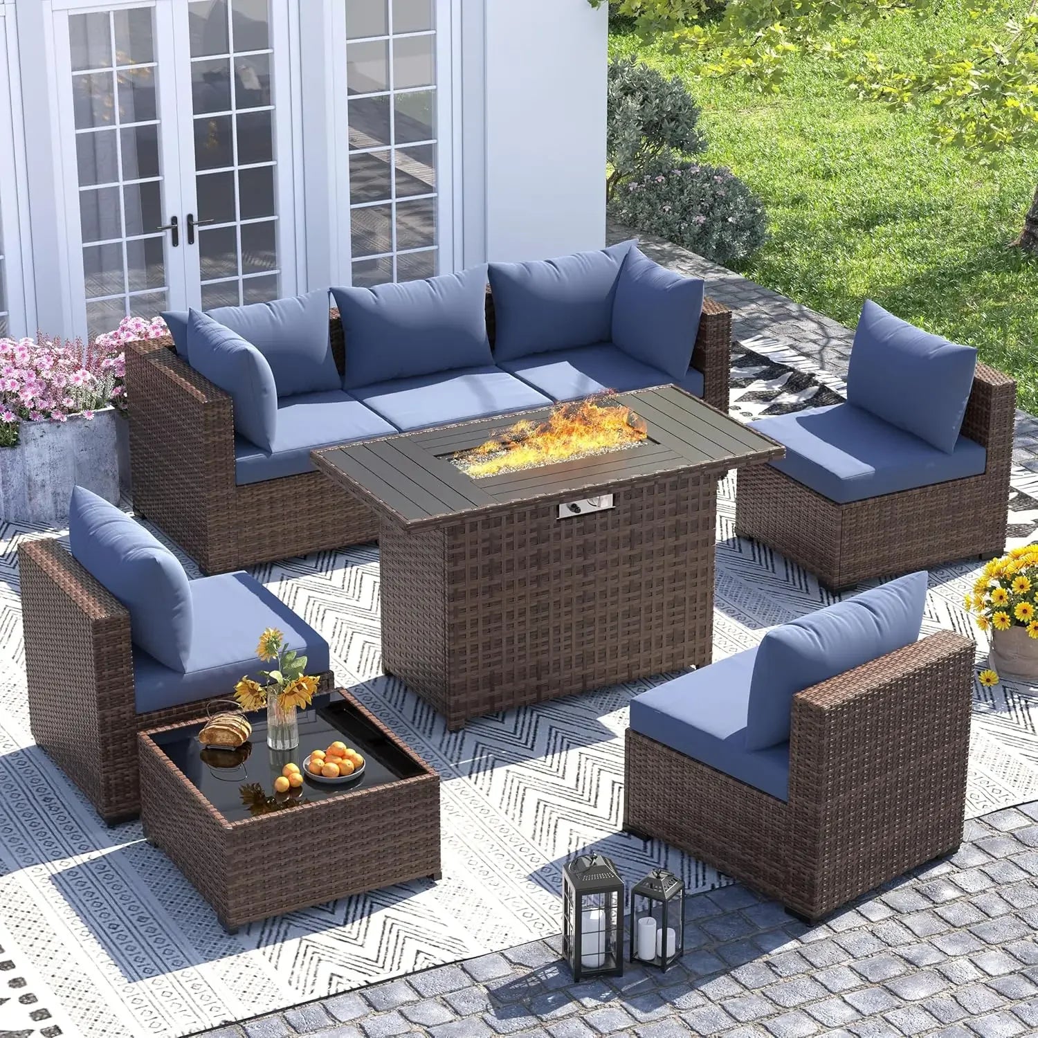 Furniture Set with Fire Pit Table, 8 Piece Sectional Sofas, All-Weather Wicker Conversation for Garden, Backyard,, Customized