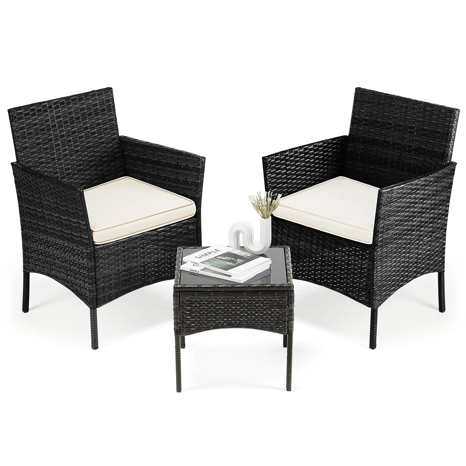 Wicker Rattan Patio Chairs with Soft Cushion and Glass Table