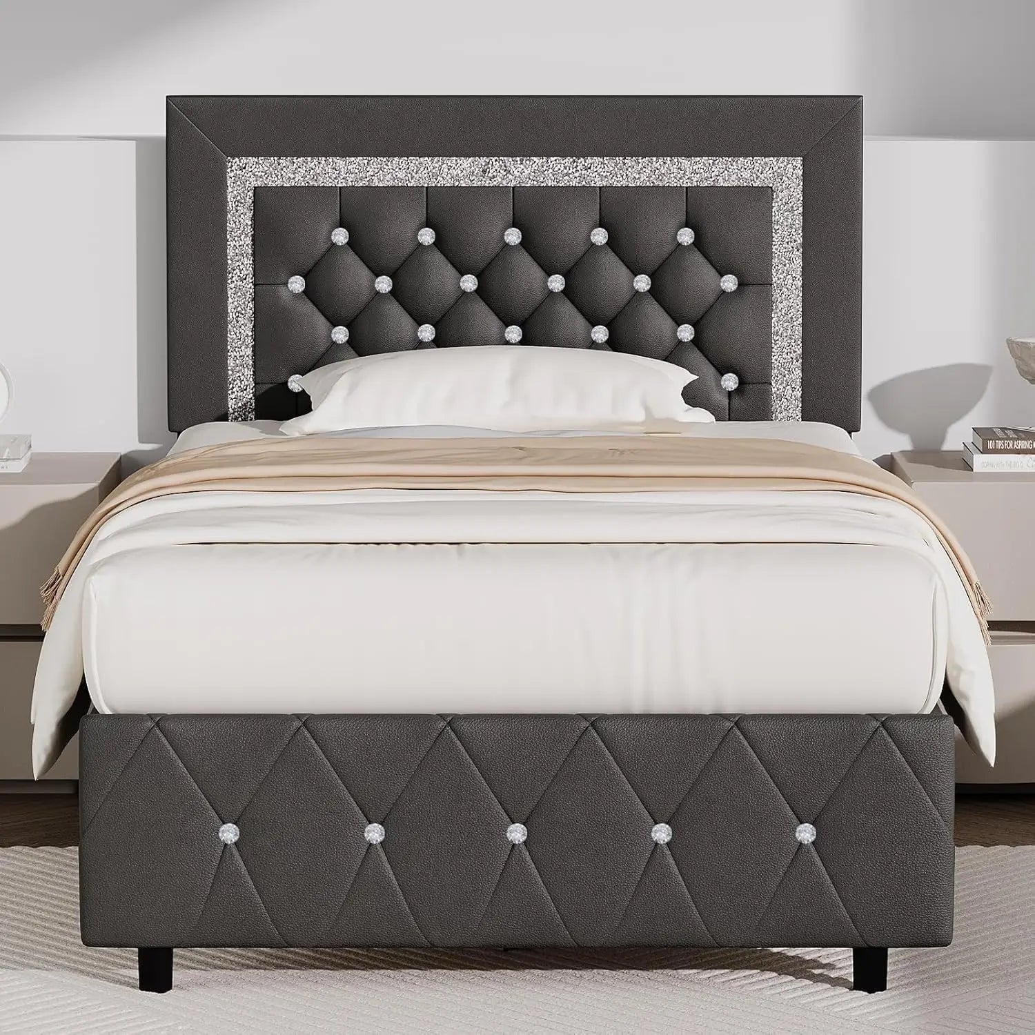 Pink Faux Leather Upholstered Twin Bed Frame with Headboard