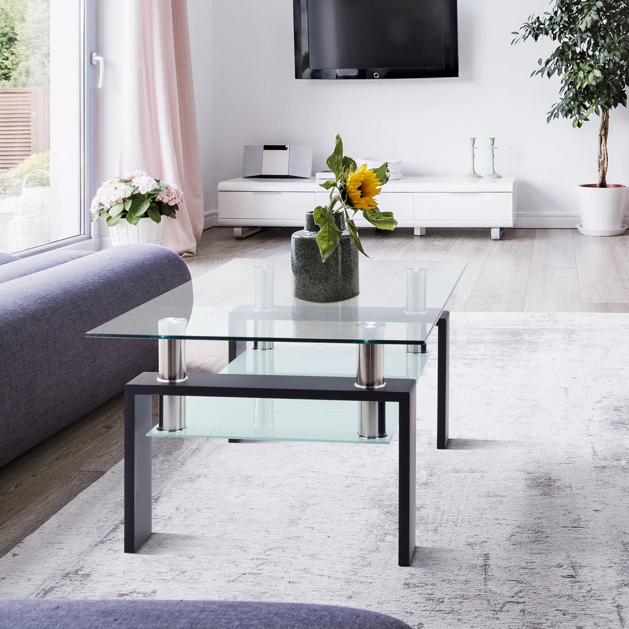 Rectangle Black Glass Coffee Table, Clear Coffee Table