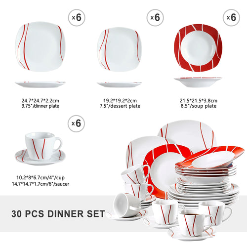 30 Piece Red Stripes Ivory White Porcelain Dinner Set