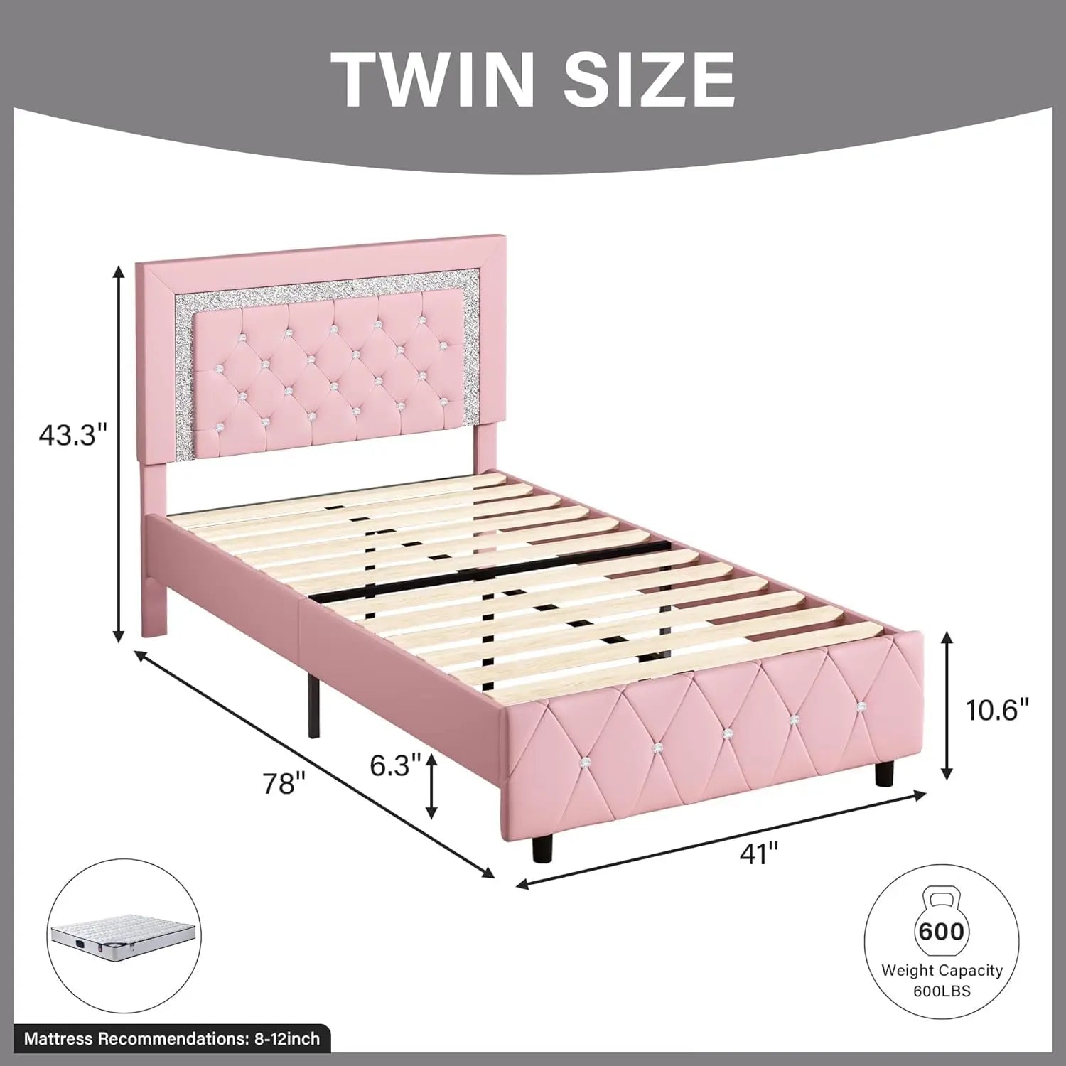 Pink Faux Leather Upholstered Twin Bed Frame with Headboard