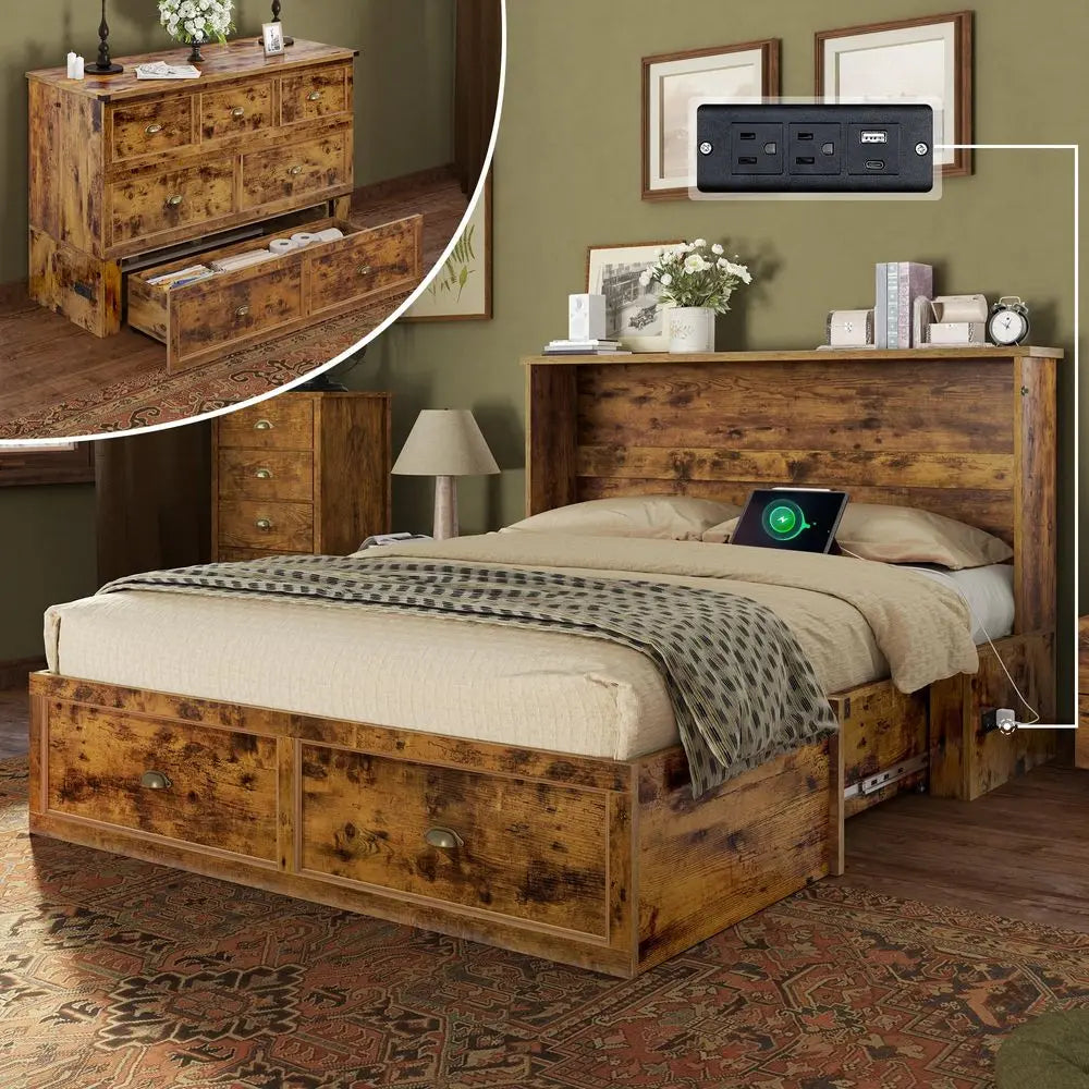 Queen Size Murphy Bed Cabinet with Charging Station and Storage