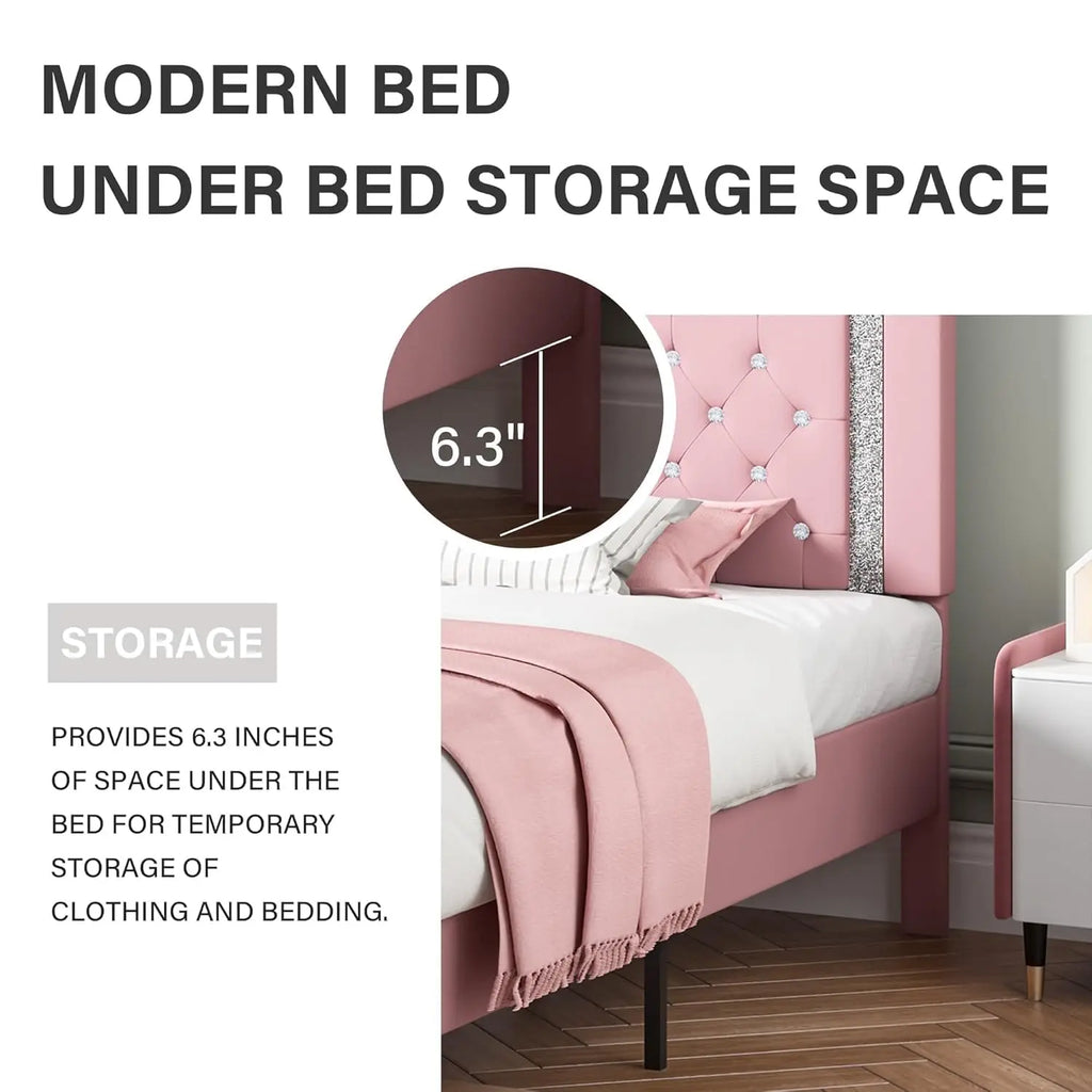 Pink Faux Leather Upholstered Twin Bed Frame with Headboard