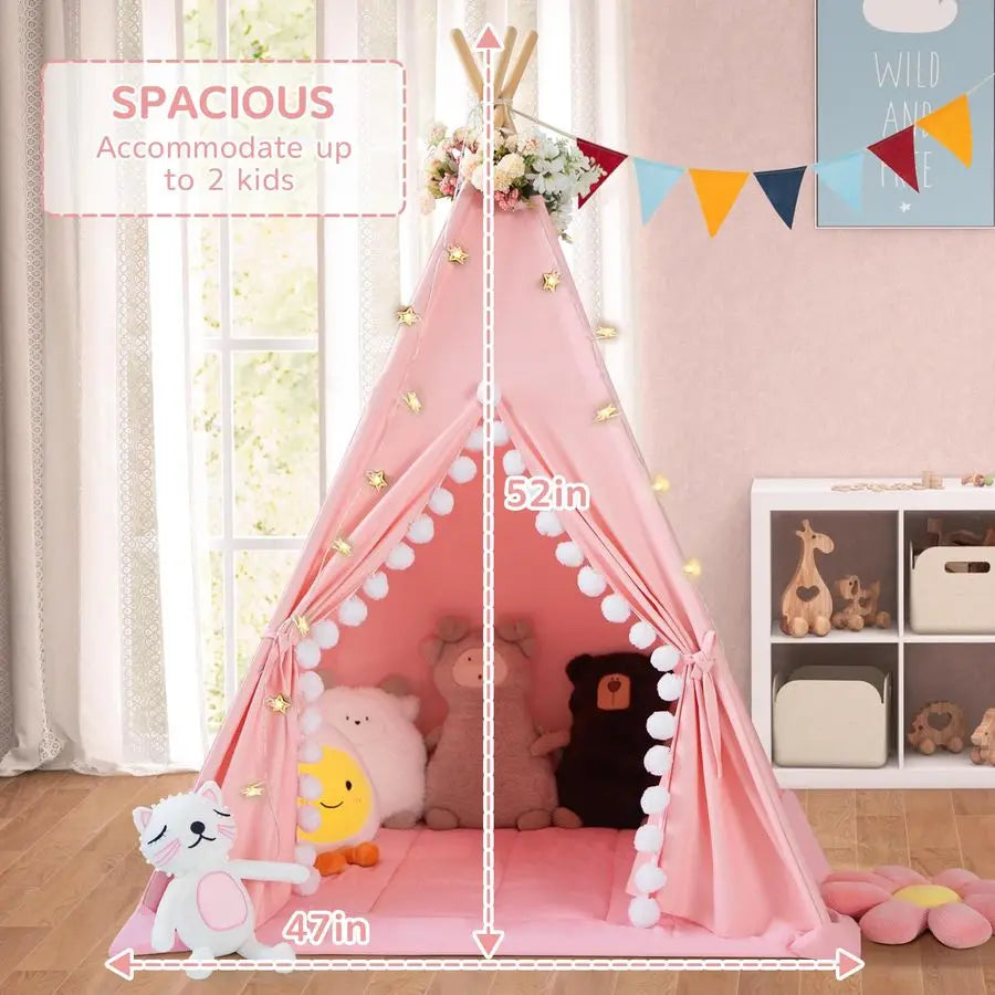 Padded Mat Cotton Canvas Kids Tent with Pompom