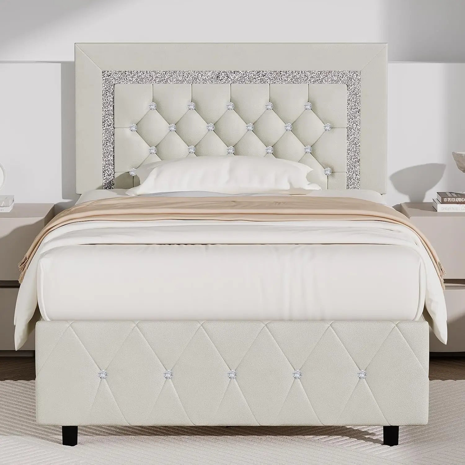 Pink Faux Leather Upholstered Twin Bed Frame with Headboard