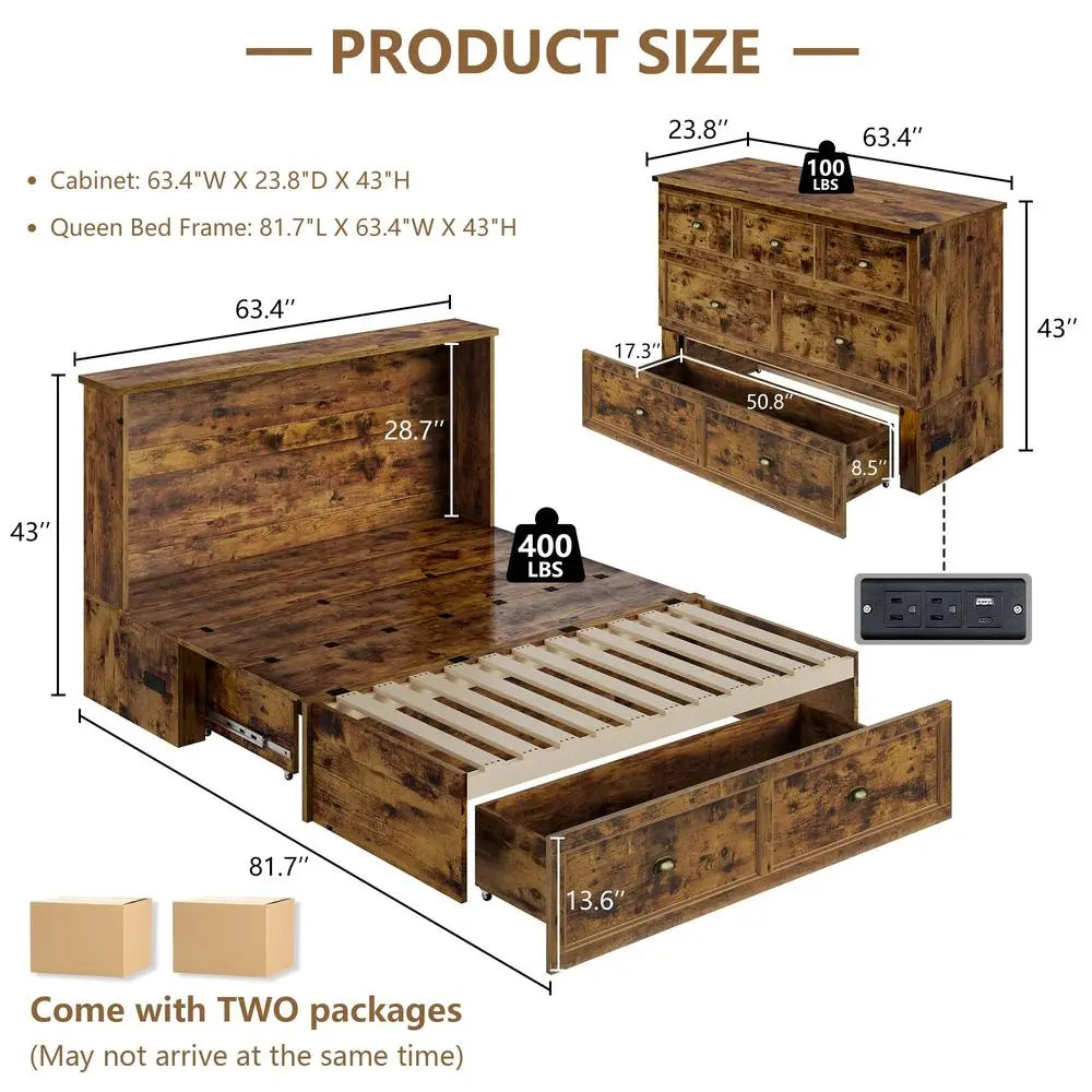 Queen Size Murphy Bed Cabinet with Charging Station and Storage
