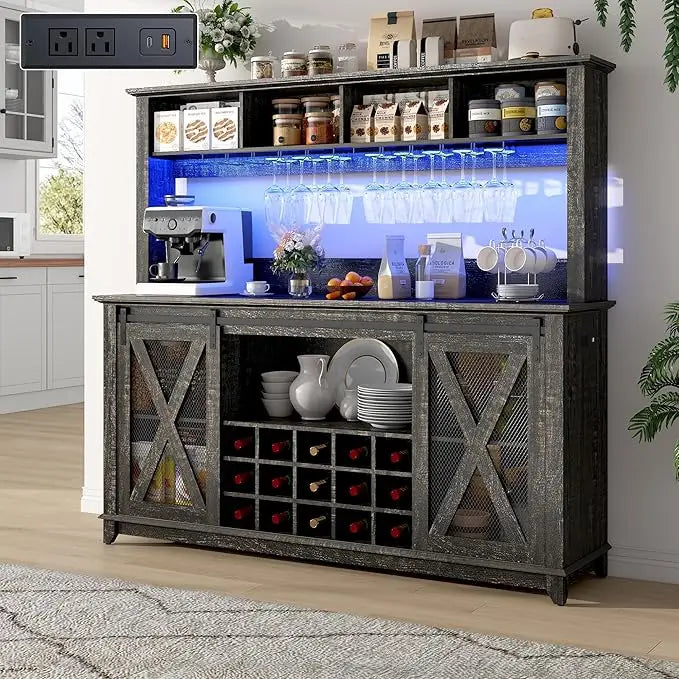 Farmhouse Coffee Wine Buffet Cabinet with LED