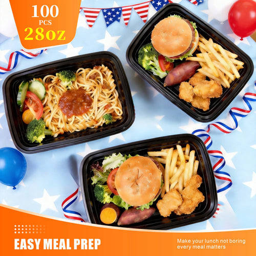 100pcs Black Rectangular Meal Prep Containers 28oz