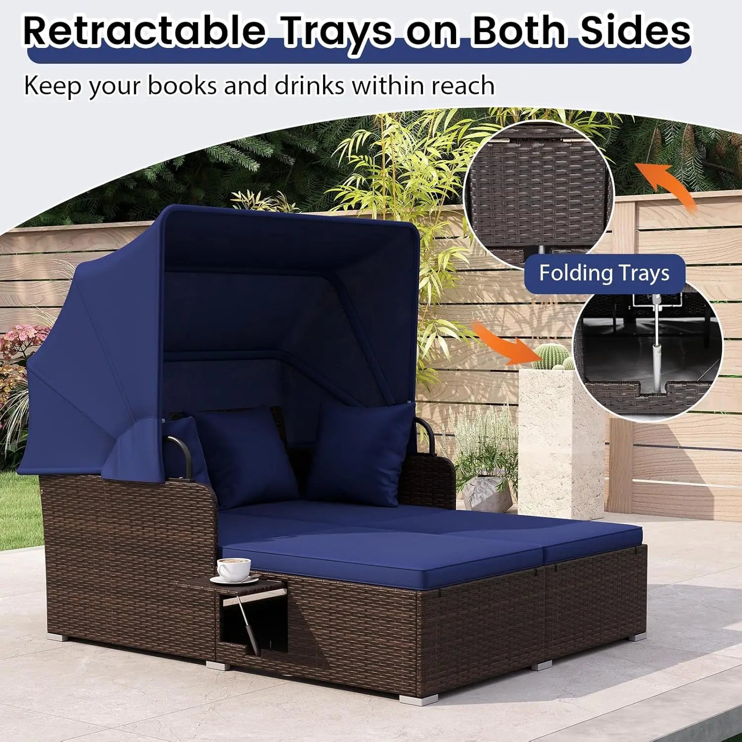 Outdoor Canopy Daybed Rattan Lounge w/Cushions & Pillows