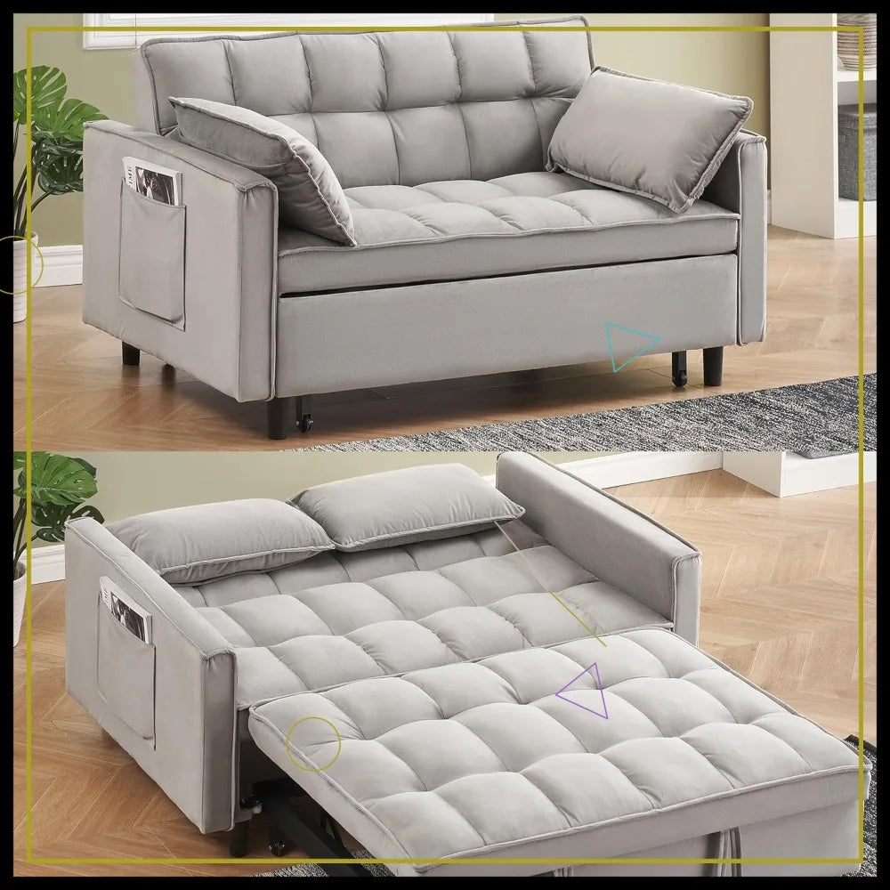 55" Velvet Sleeper Loveseat, 3-in-1 Sofa Bed with Storage Pockets,