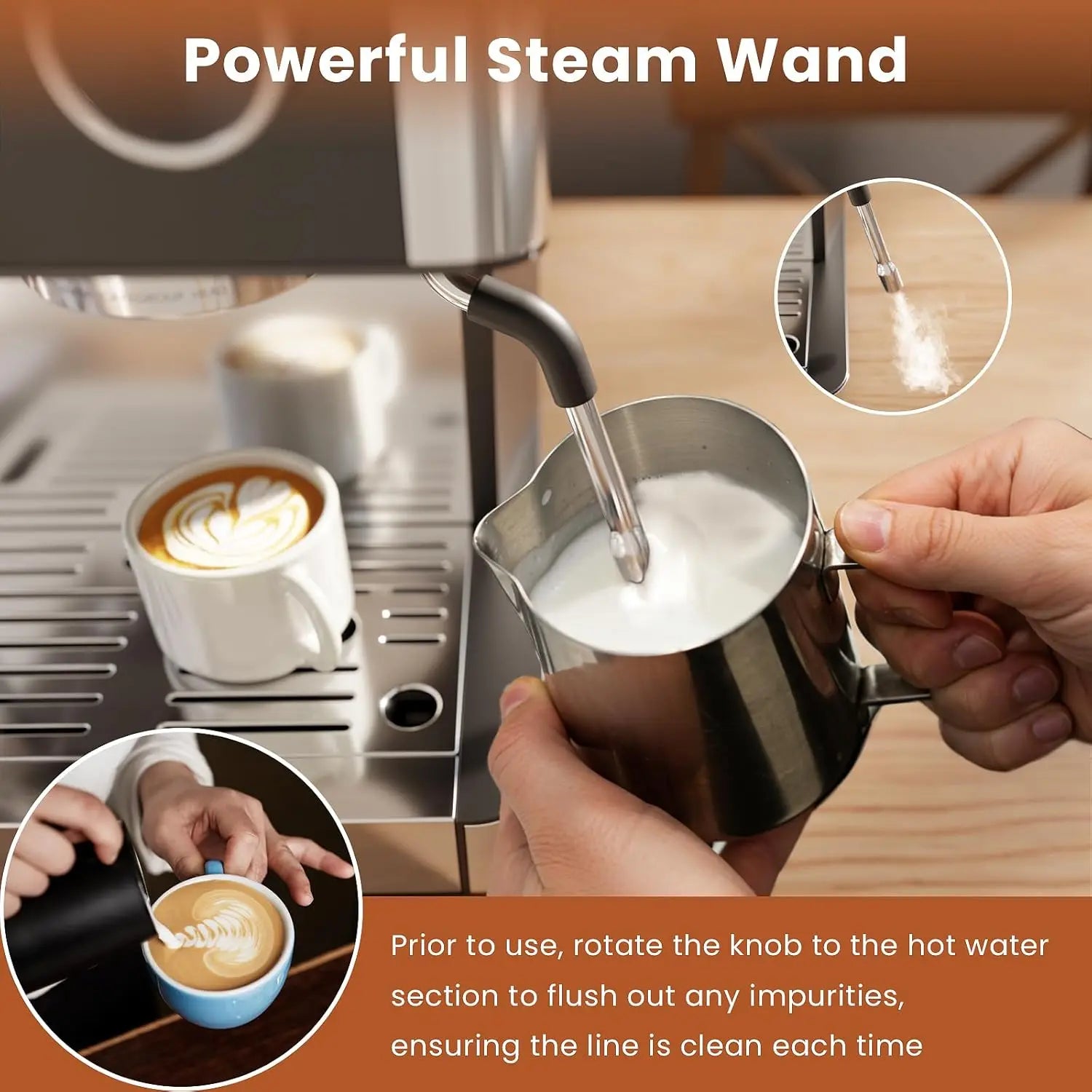 Espresso Coffee Machine with Grinder & Milk Frother Steam Wand,