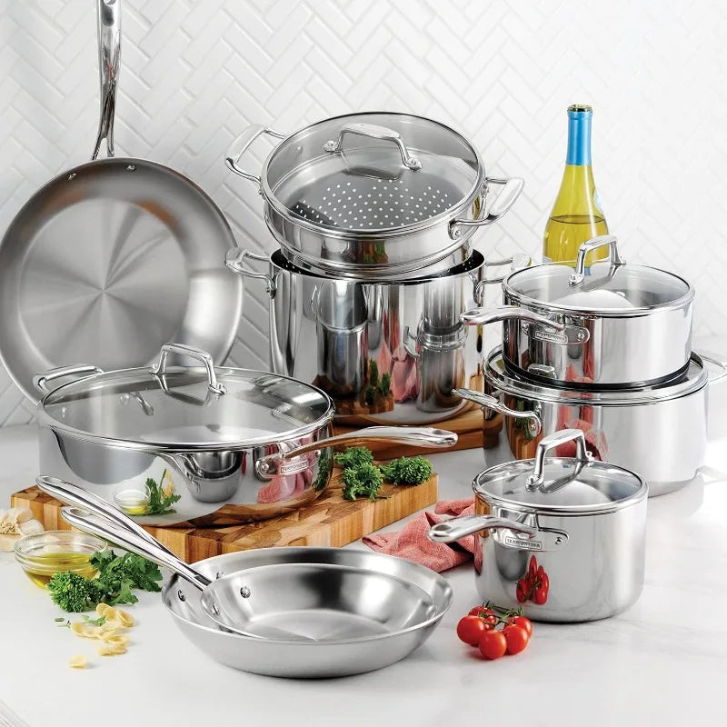 Tramontina Tri-Ply Clad Stainless Steel Cookware Set with Glass Lids, Pots and Pans Kitchen Set, Induction-Ready