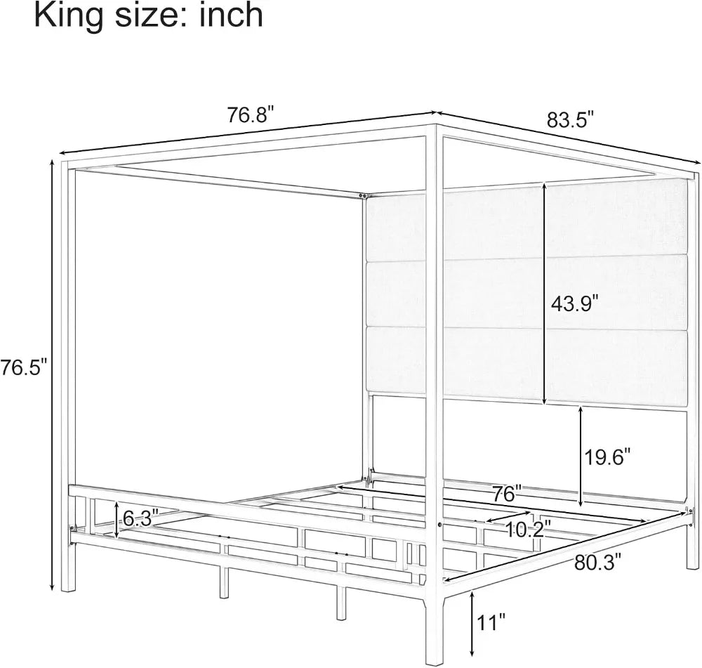 King Size Metal Canopy Bed Frame with Upholstered Headboard