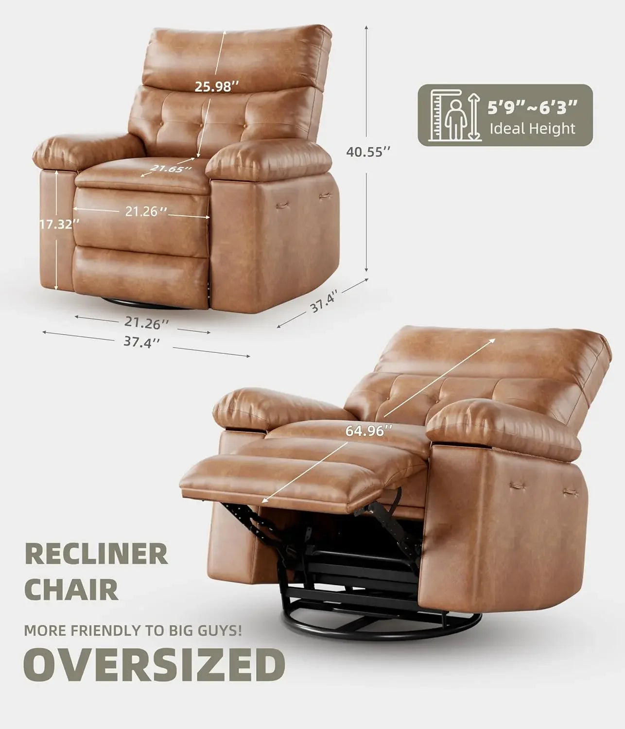 Garvee Manual Recliner Chair Sofa PU Leather, Comfortable 135° Reclining Armchair with Foldable Telescopic Armrests, Wide Seat 56cm, Living Room Lounge Chair Retro
