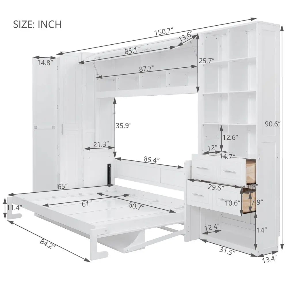 Queen Size Horizontal Murphy Bed with Desk, Folding Murphy Bed Cabinet with Wardrobe Storage Drawers and Shelves, Hideaway Wall
