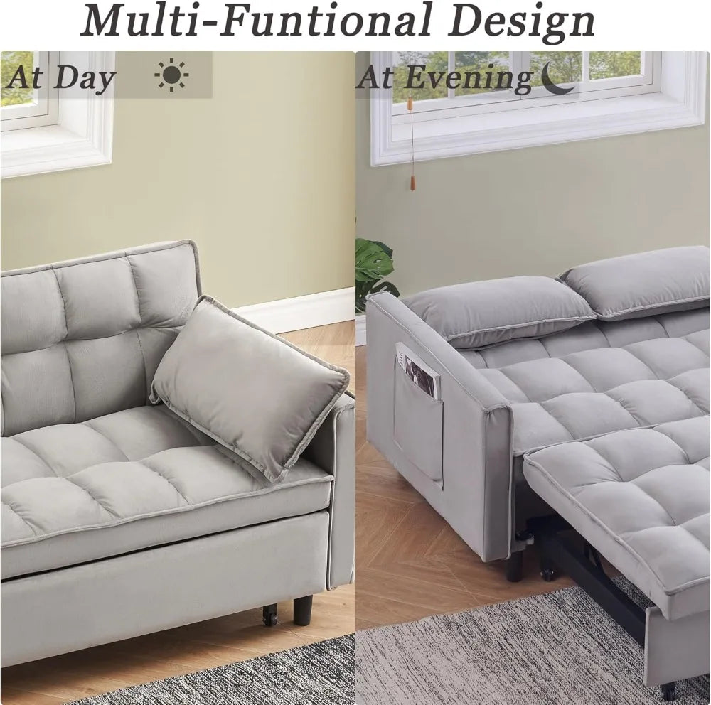 55" Velvet Sleeper Loveseat, 3-in-1 Sofa Bed with Storage Pockets,