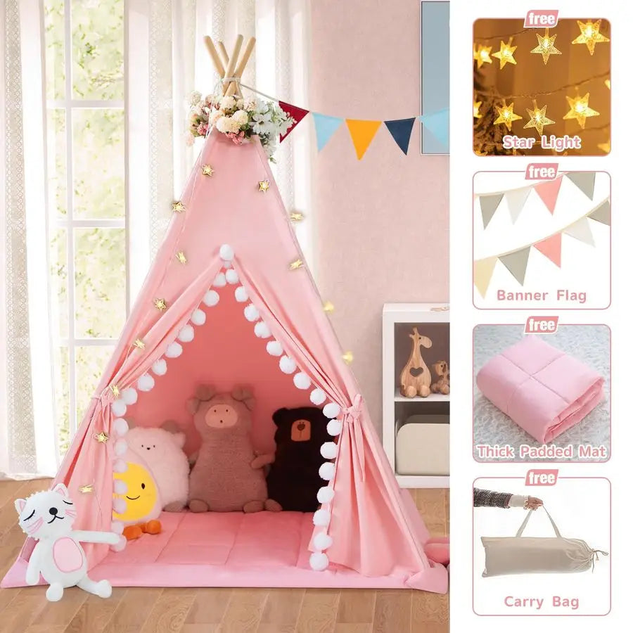 Padded Mat Cotton Canvas Kids Tent with Pompom