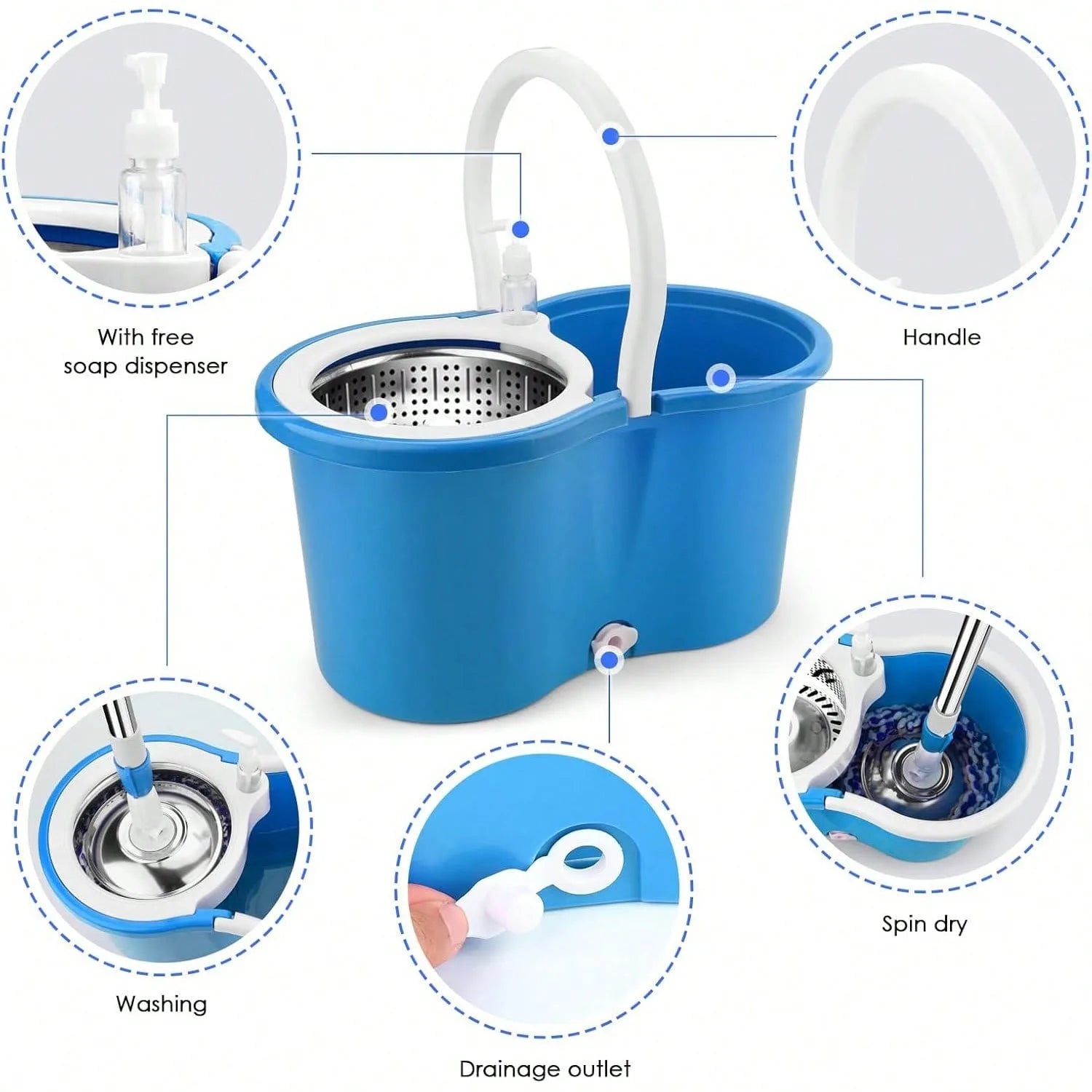 Mop Bucket Set with Soap Dispenser 2 Microfiber Heads
