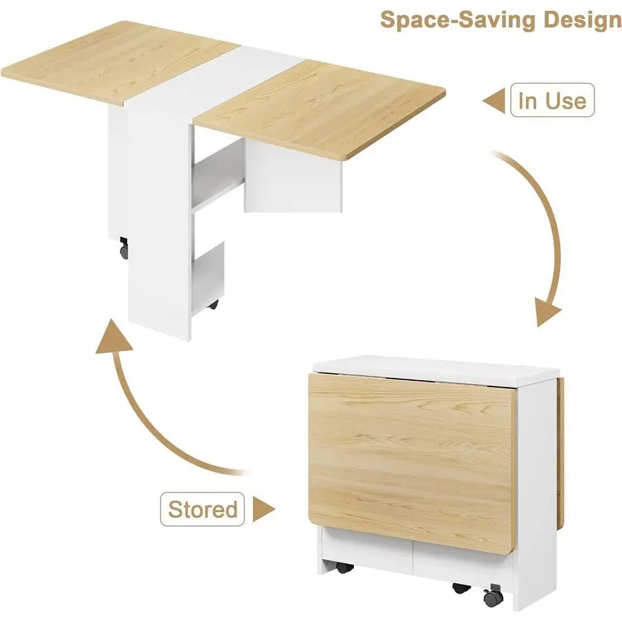 Folding Dining Table, Space Saving, Storage Shelf, 6 Wheels