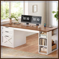 55.1" Farmhouse Desk w/ 3 Drawers, File Drawer & Shelves, Computer Desk w/ Power Outlet, White/Brown