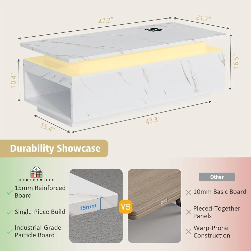 Smart LED Coffee Table ,Wireless Charging, Bluetooth Speaker & Storage