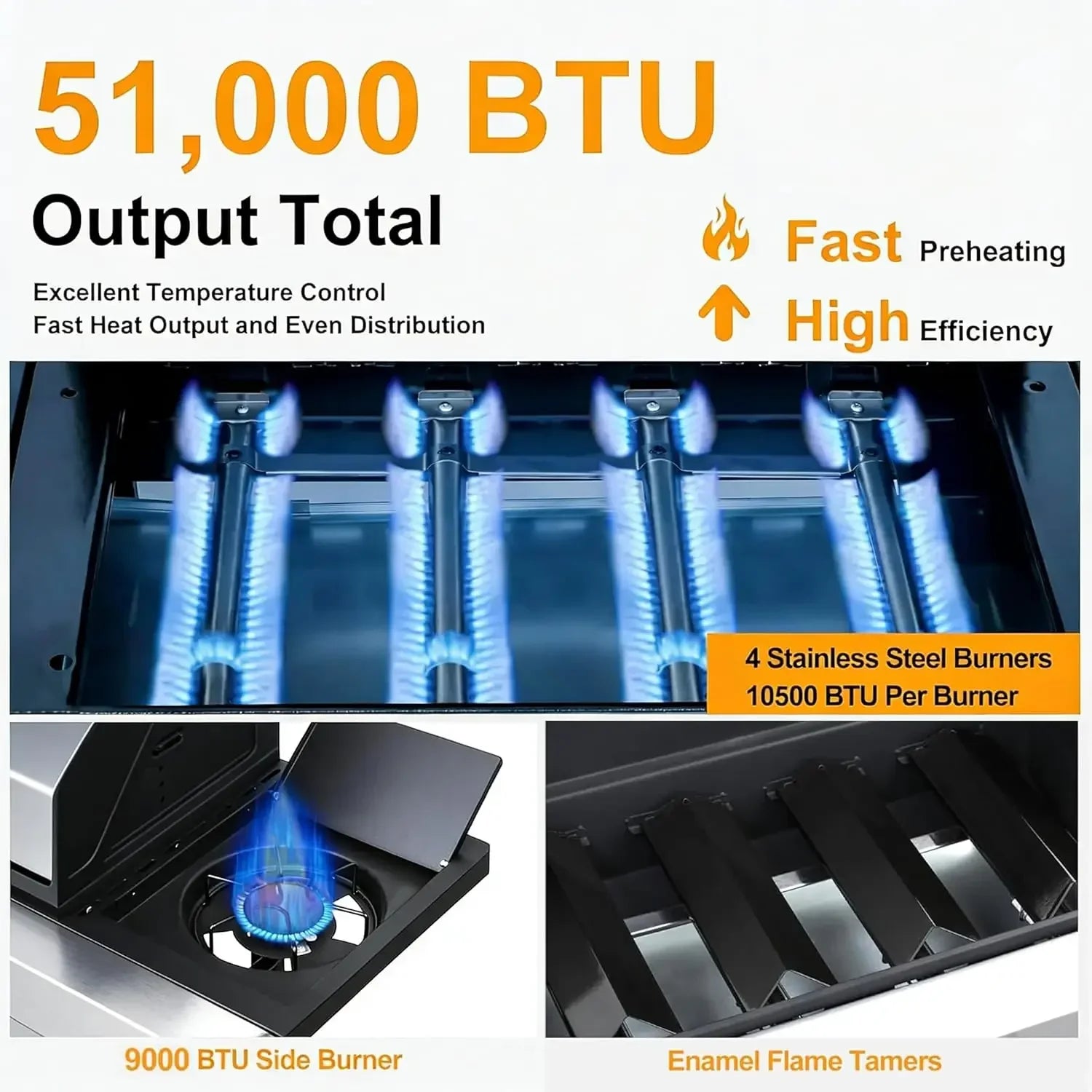 4 Burner Propane Gas Grill with Side Burner, 51000 BTU Cast Iron BBQ Grill, Pullout Oil Drip Tray for Outdoor, Customized
