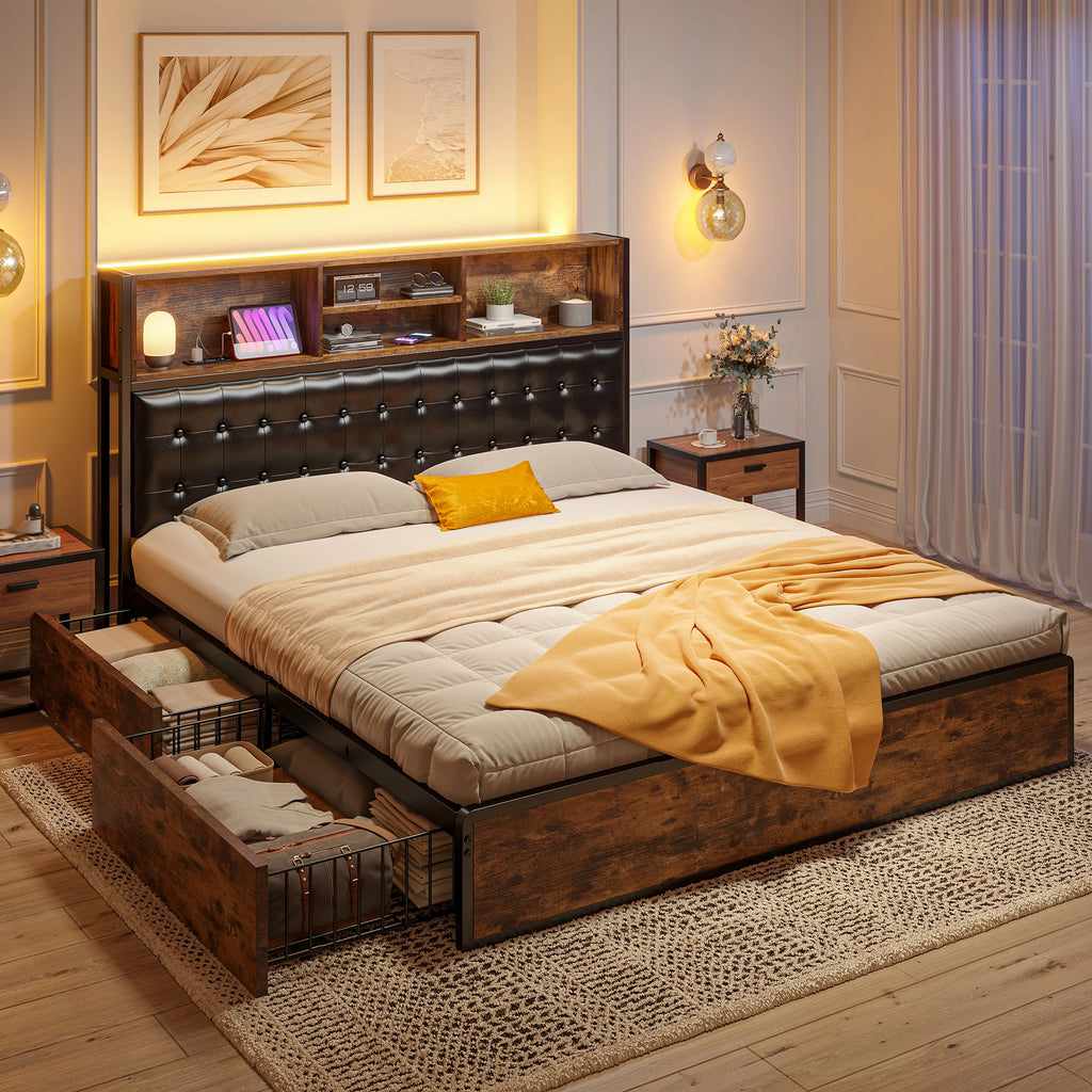 Full/Queen/King Bed Frame 4 Storage Drawers