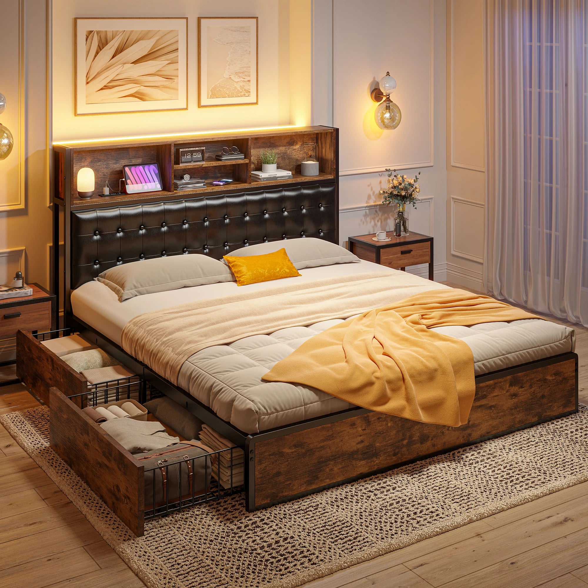 Full/Queen/King Bed Frame 4 Storage Drawers