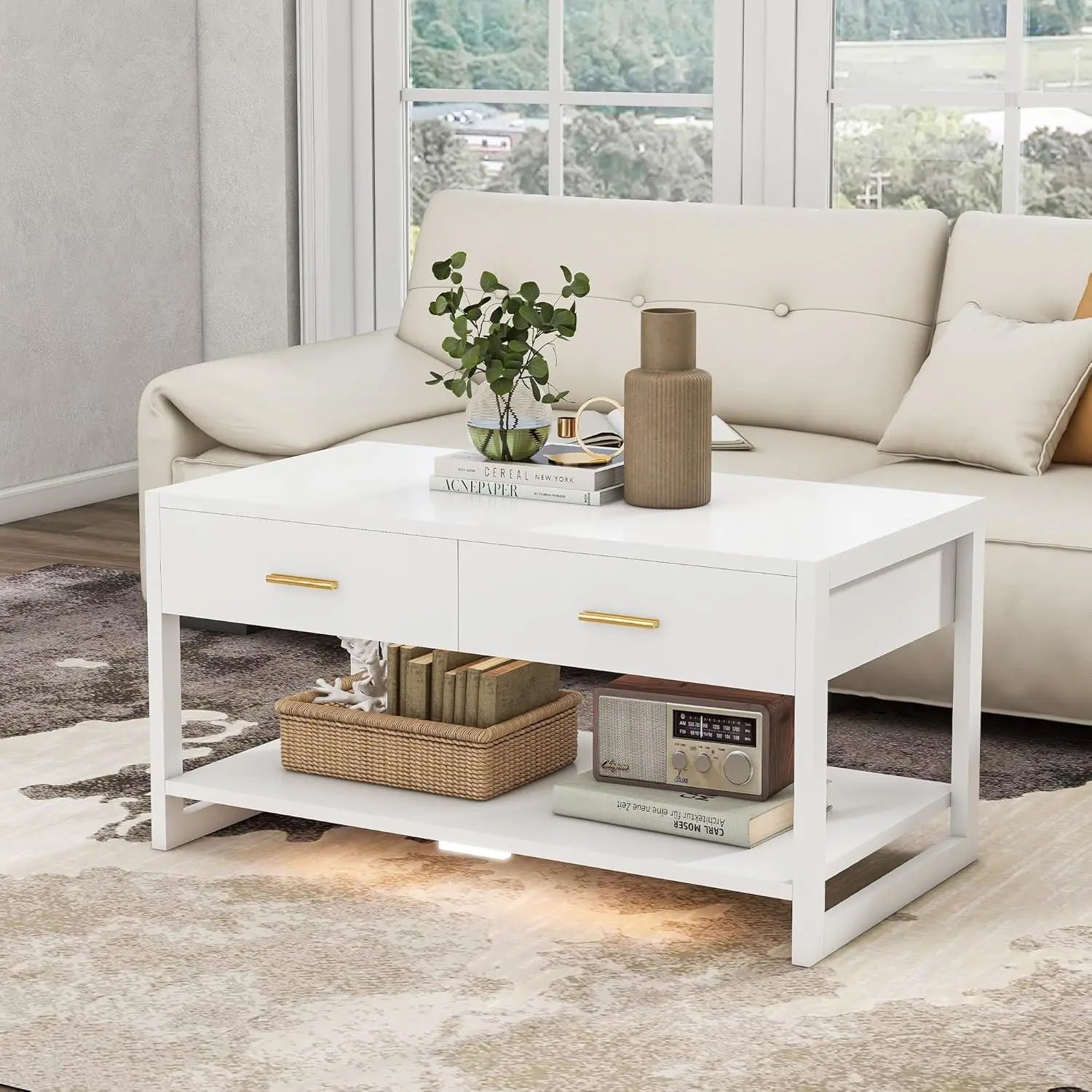 Sensor Light Storage Coffee Table with Drawers