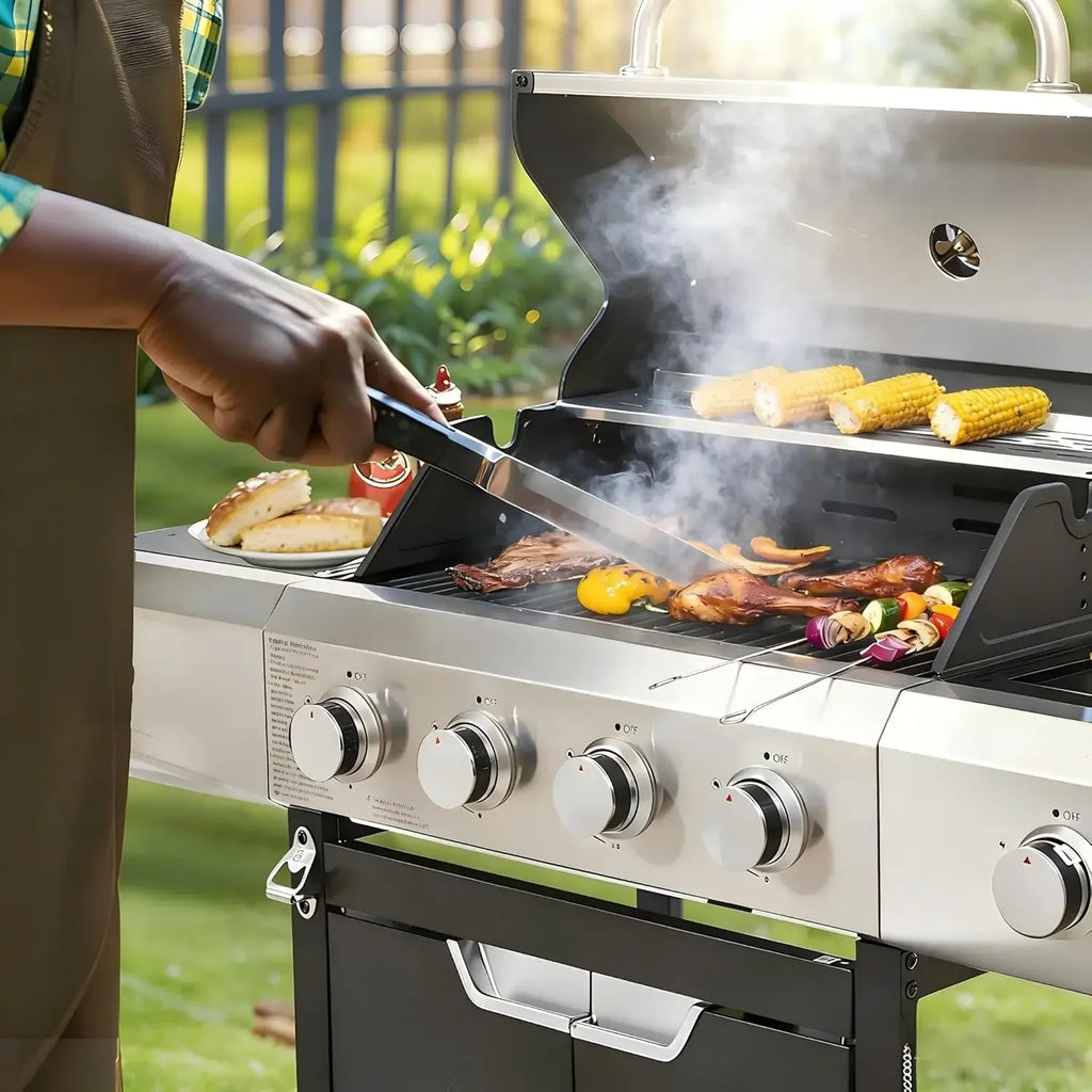 4 Burner Propane Gas Grill with Side Burner, 51000 BTU Cast Iron BBQ Grill, Pullout Oil Drip Tray for Outdoor, Customized