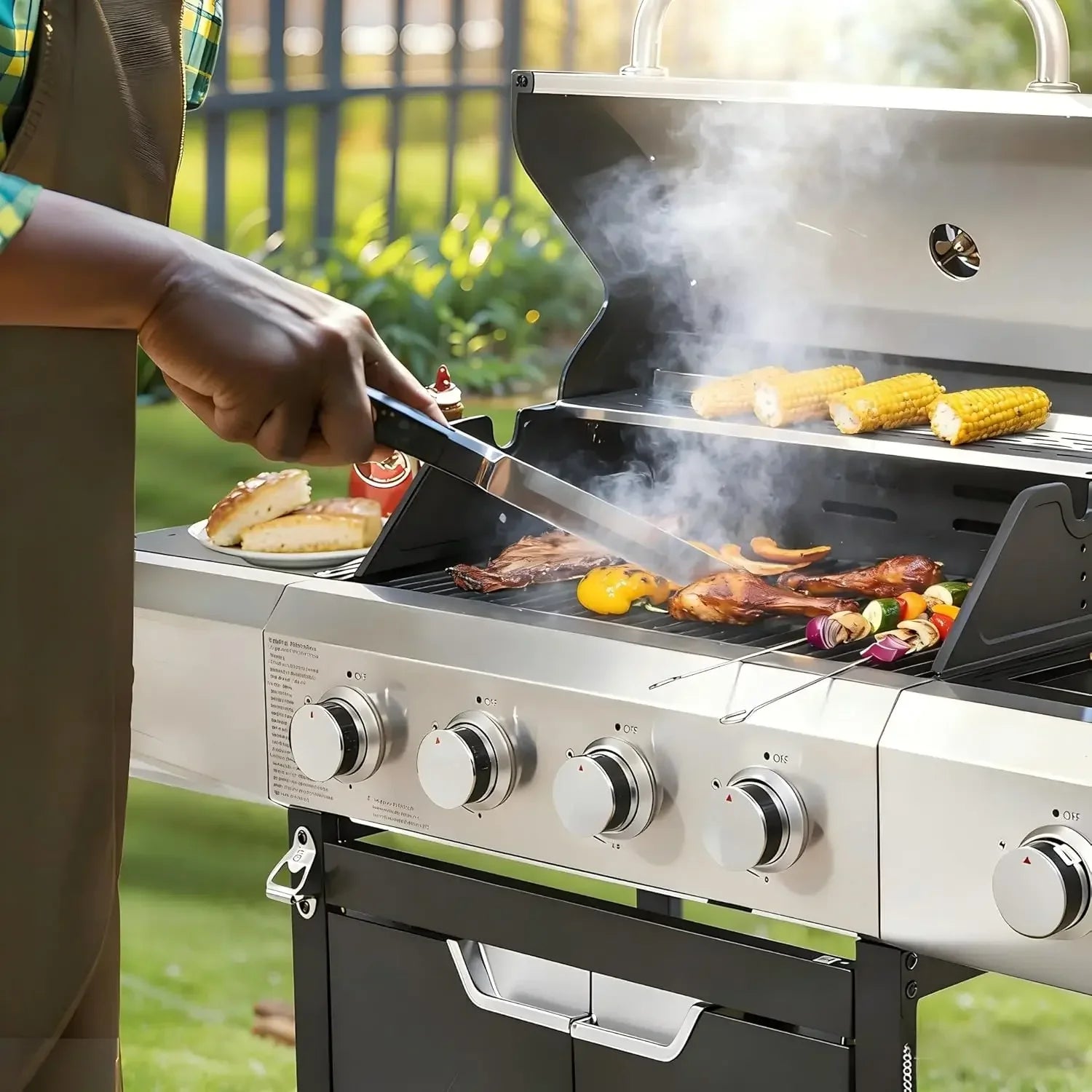 4 Burner Propane Gas Grill with Side Burner, 51000 BTU Cast Iron BBQ Grill, Pullout Oil Drip Tray for Outdoor, Customized