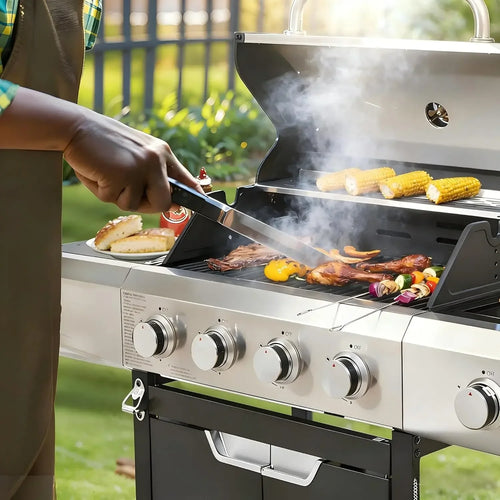 4 Burner Propane Gas Grill with Side Burner, 51000 BTU Cast Iron BBQ Grill, Pullout Oil Drip Tray for Outdoor, Customized