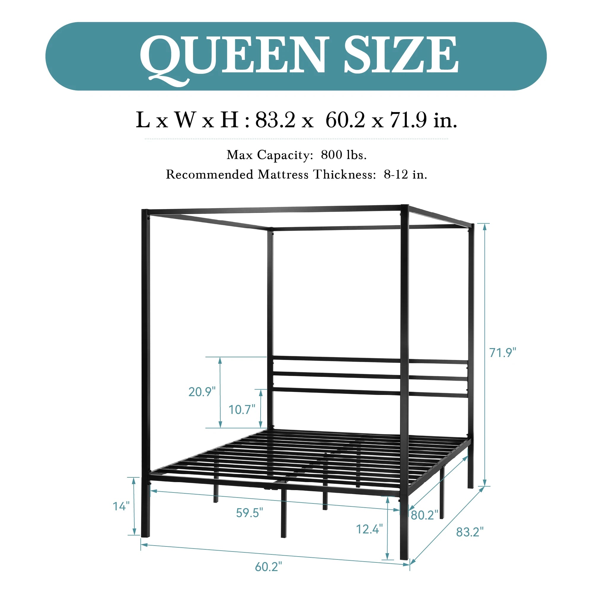HOOMIC Canopy Bed Frame, 4-Poster, 3-Metal Crossbar,