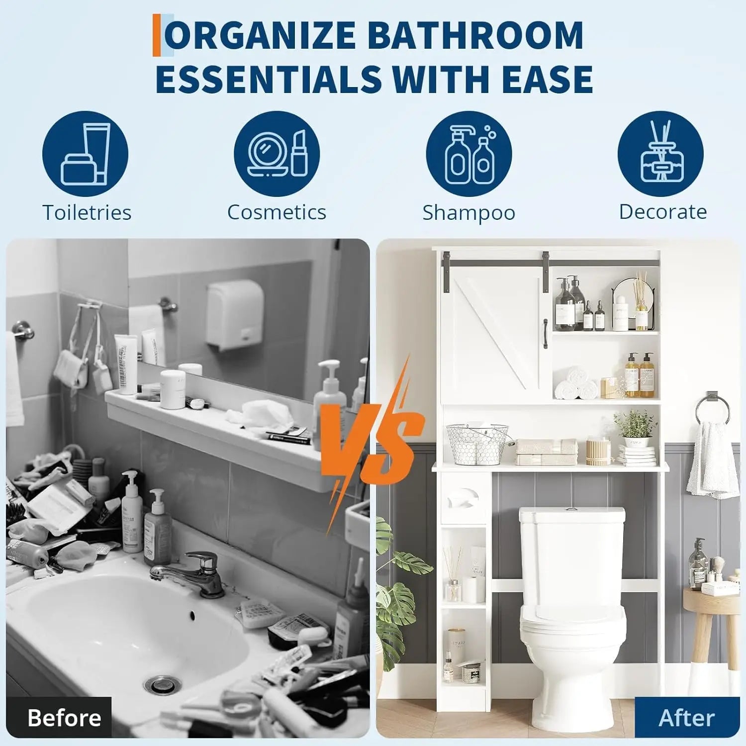 Bathroom Storage Cabinet-Above Toilet Organizer with Sliding Barn Door