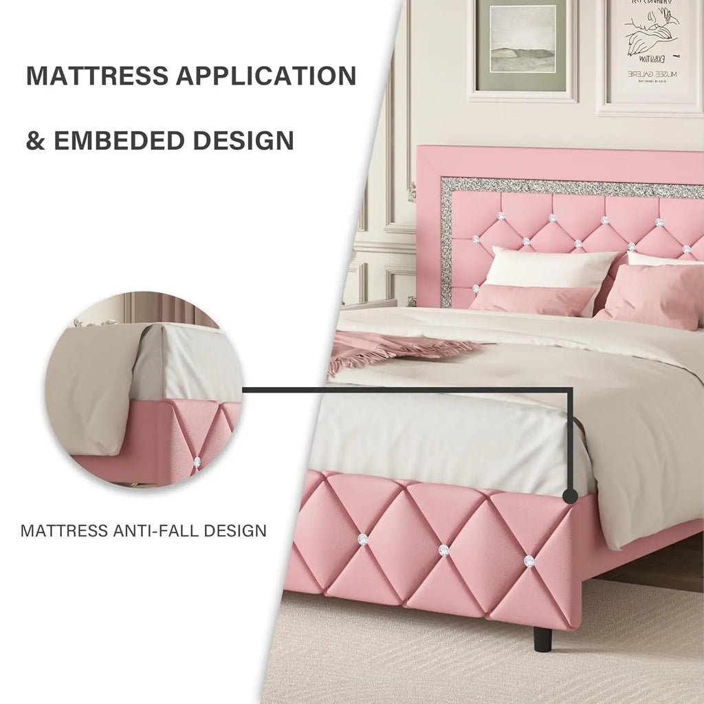 Pink Faux Leather Upholstered Twin Bed Frame with Headboard