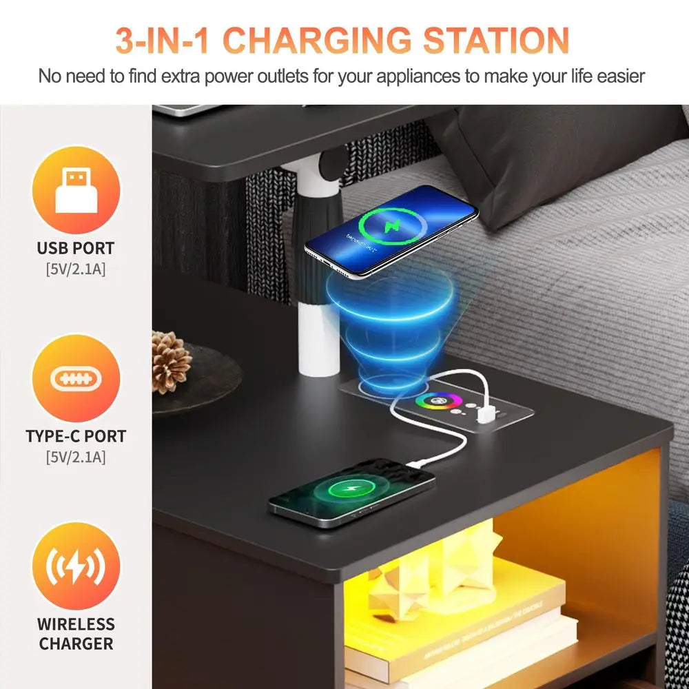 Wireless Charging Station Bedside Table Night Stand