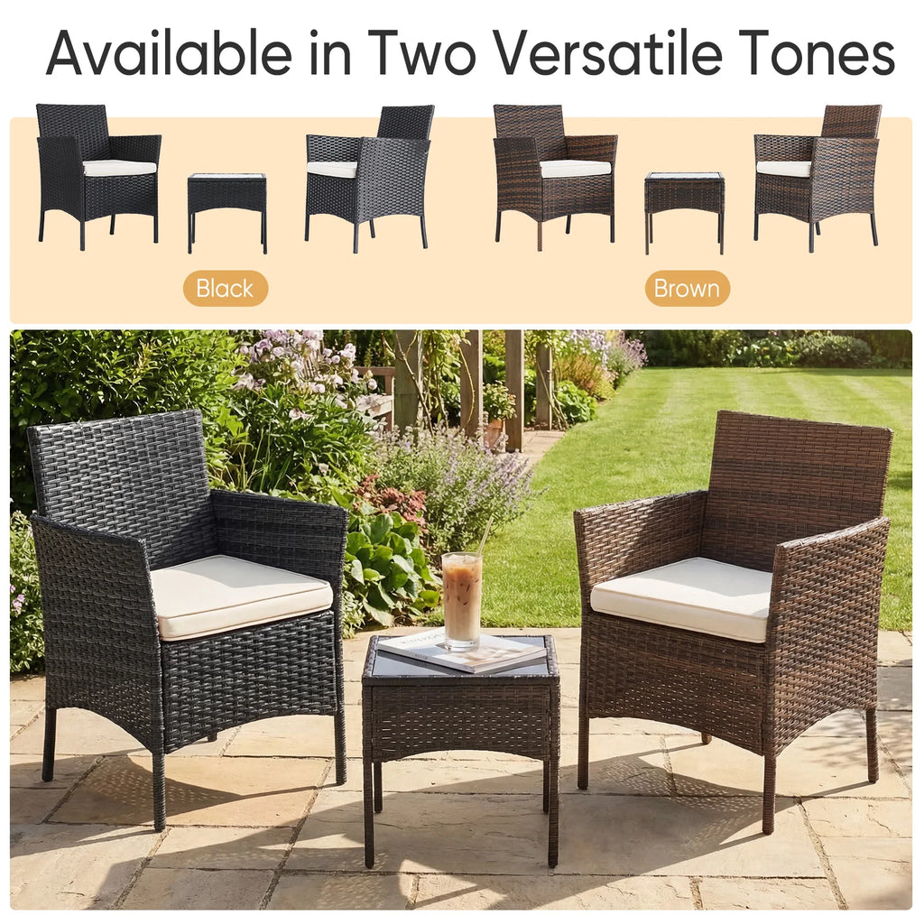 Wicker Rattan Patio Chairs with Soft Cushion and Glass Table