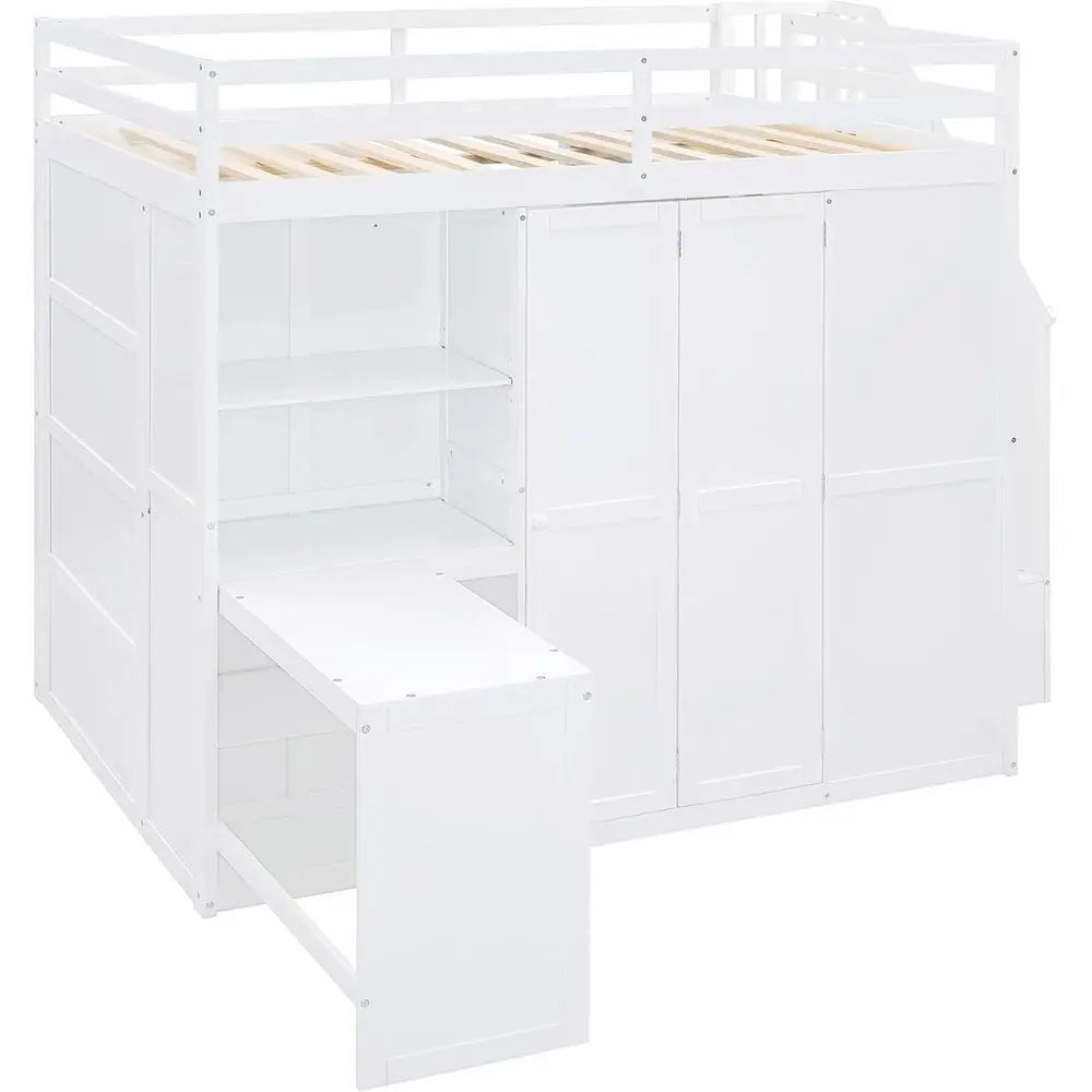 Full Size Loft Bed with Desk, Stairs, Wardrobe, Bookshelf, White for Bedroom or Study in Small Spaces