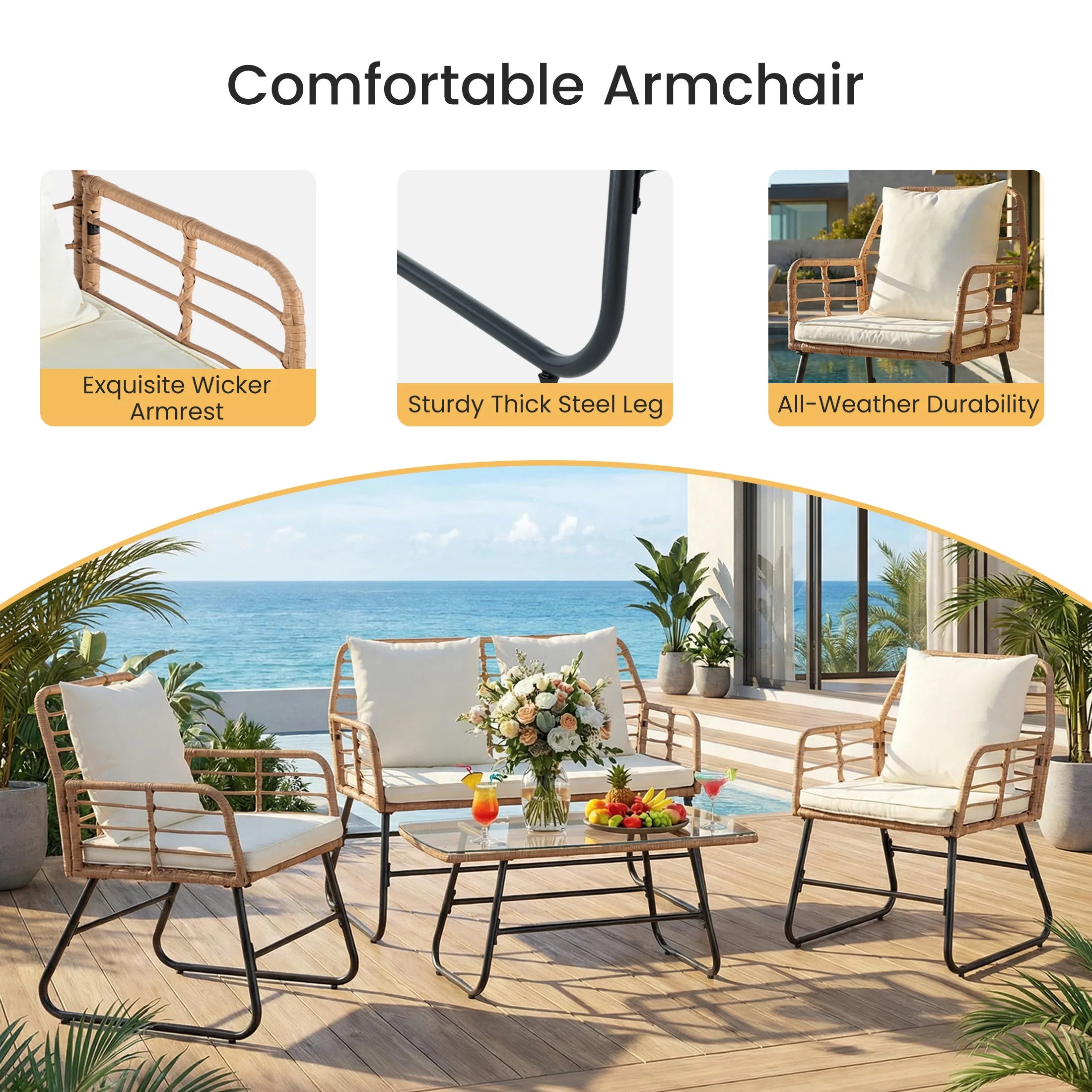 Outdoor Wicker Patio Furniture Set 4 with Soft Cushion and Glass Table