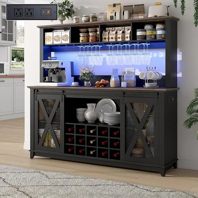 Farmhouse Coffee Wine Buffet Cabinet with LED