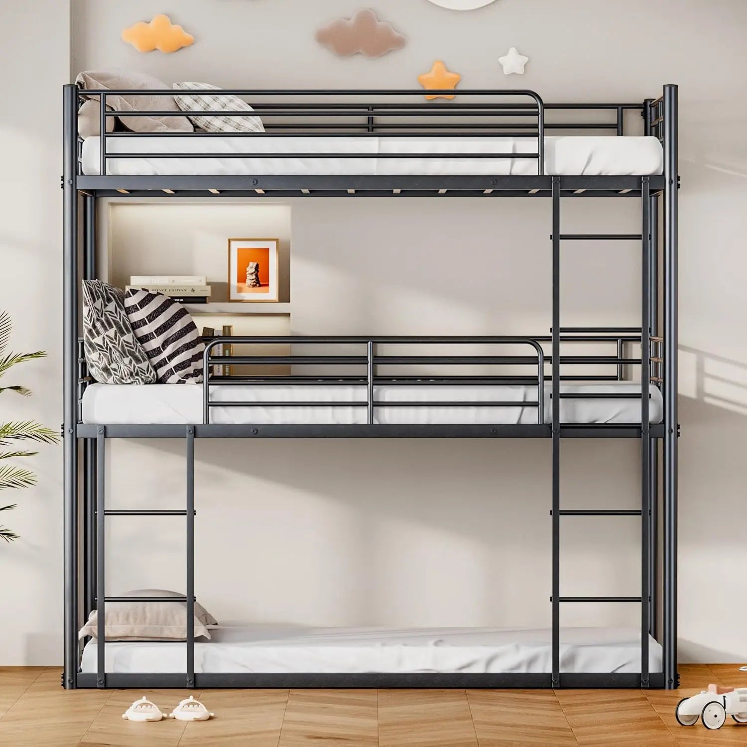 Bunk Beds Twin Over Full Size with Ladder and Guardrail