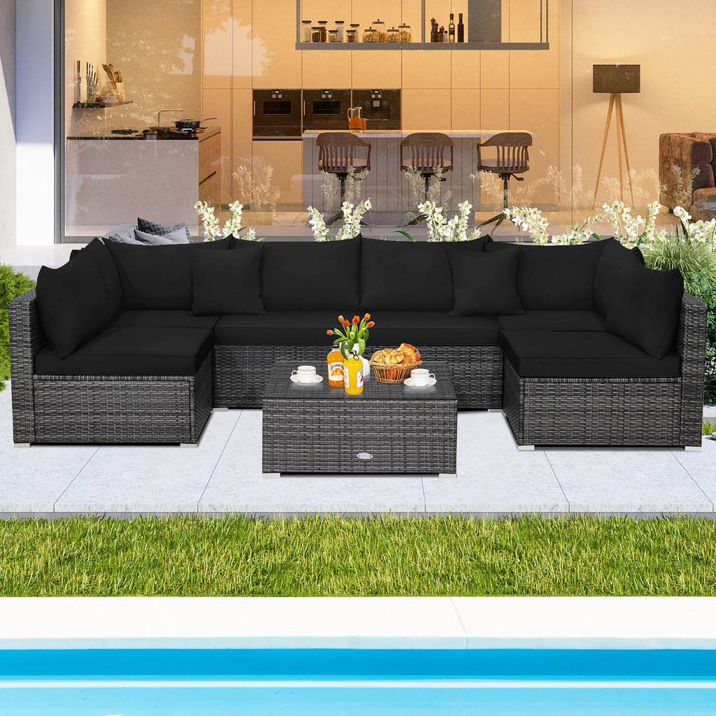 7PCS Patio Rattan Furniture Set Sectional Sofa Cushioned