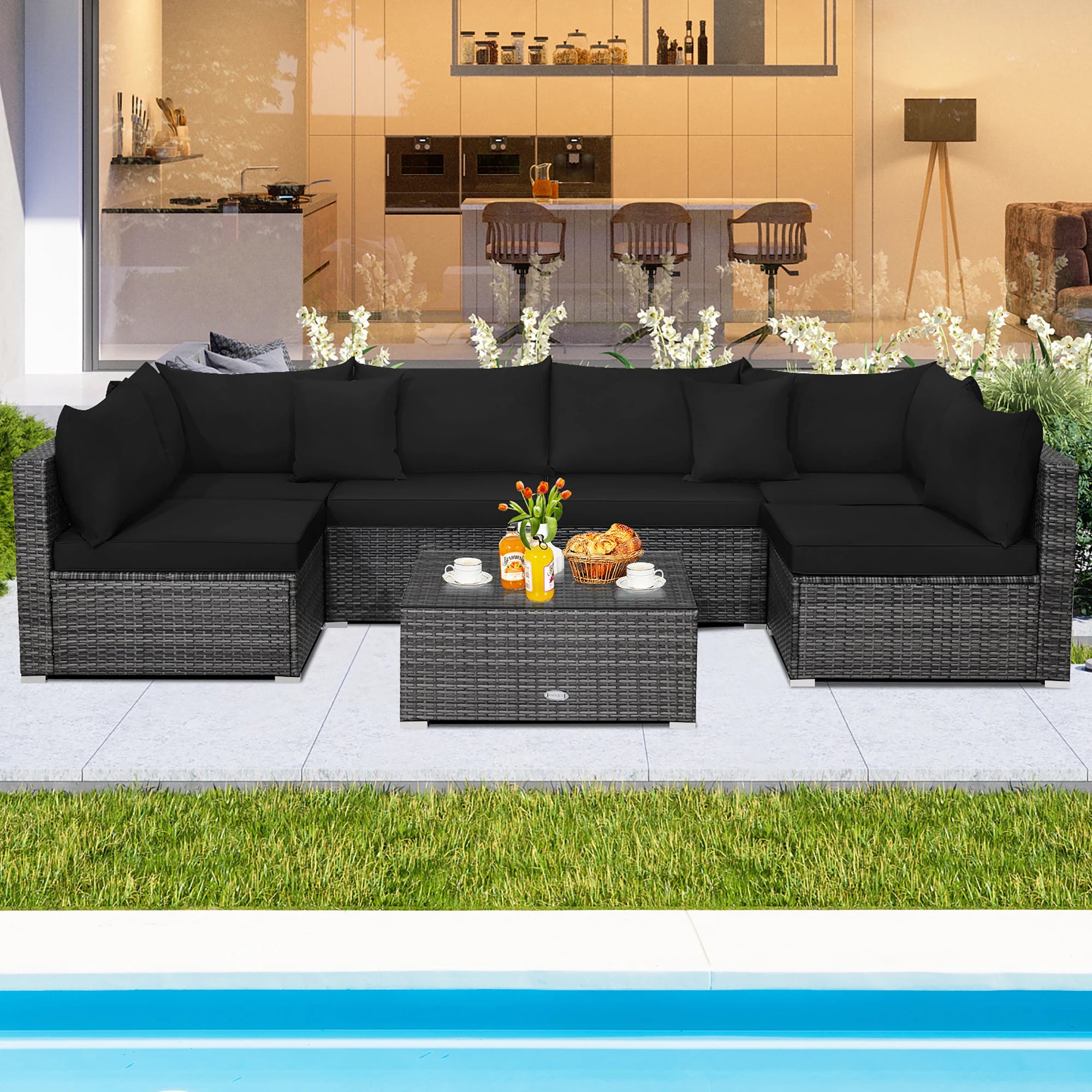 7PCS Patio Rattan Furniture Set Sectional Sofa Cushioned