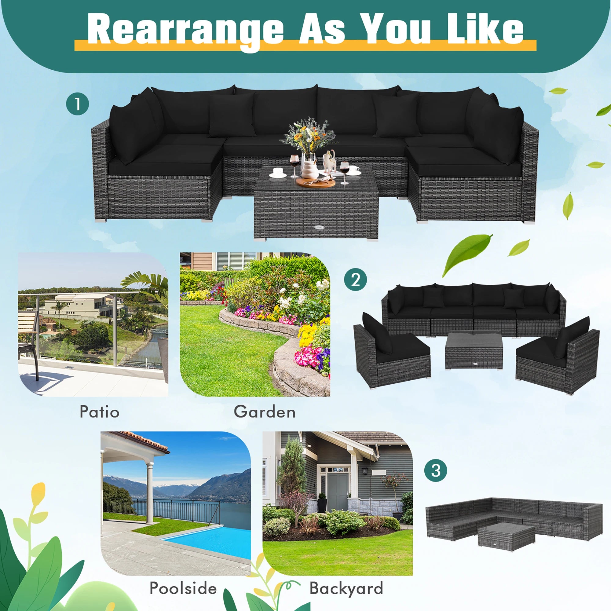 7PCS Patio Rattan Furniture Set Sectional Sofa Cushioned