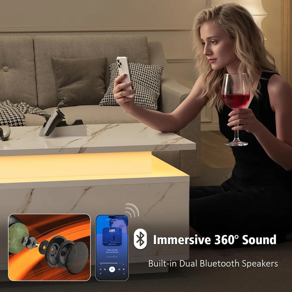 Smart LED Coffee Table ,Wireless Charging, Bluetooth Speaker & Storage