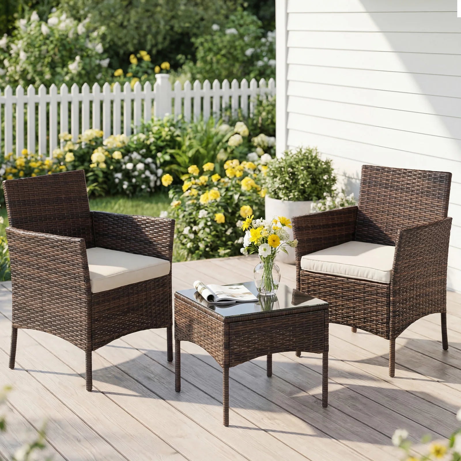 Wicker Rattan Patio Chairs with Soft Cushion and Glass Table
