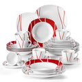 30 Piece Red Stripes Ivory White Porcelain Dinner Set