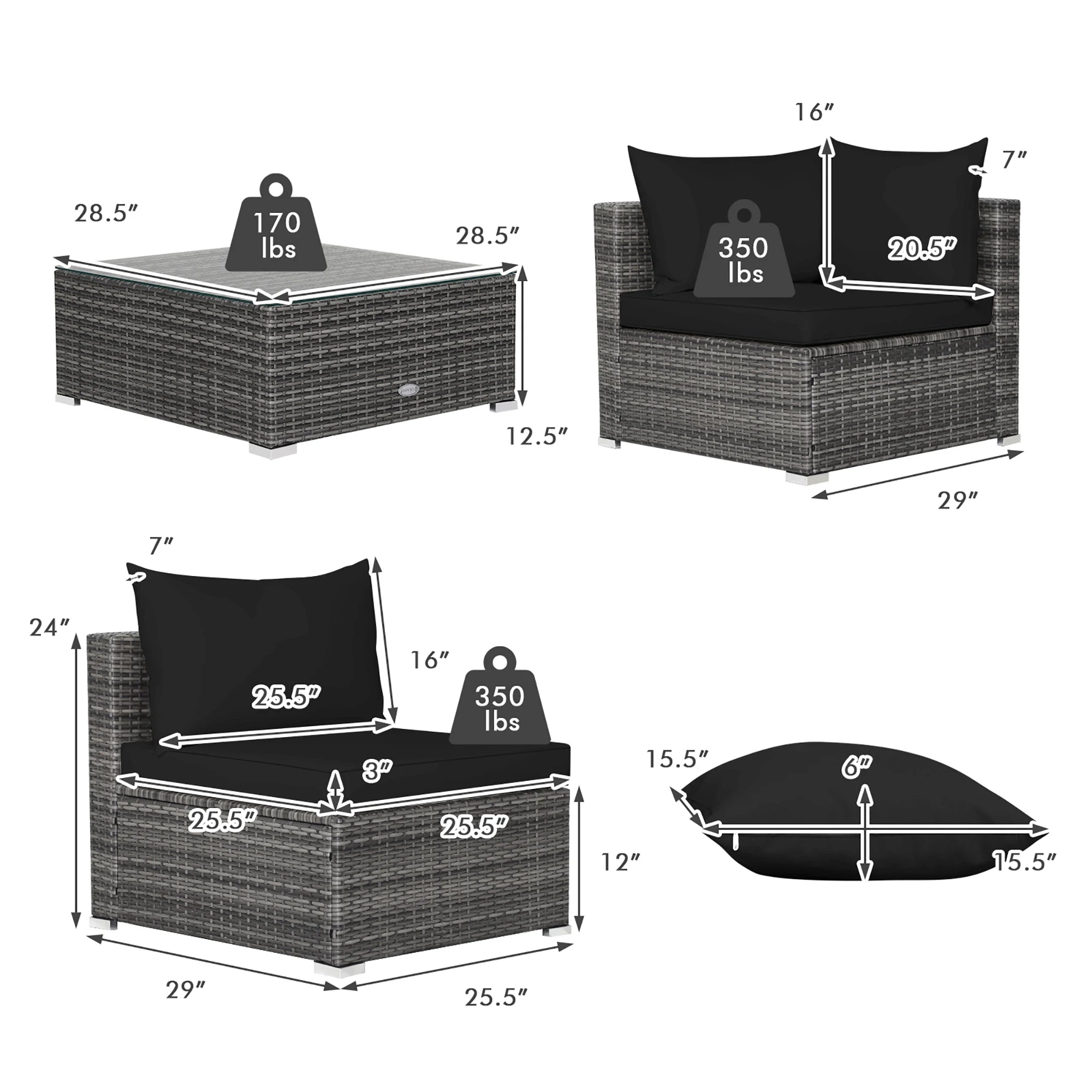 7PCS Patio Rattan Furniture Set Sectional Sofa Cushioned